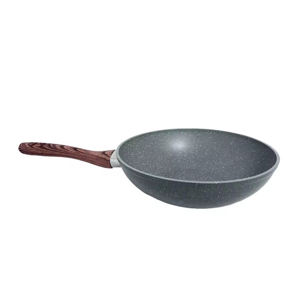 Marmor Non Stick Wok Pan Cum Vitreis Lid Inductione Coquina Cum Ligno Mollis Tactu Palpate Forged Aluminium Non Stick Wok Pan