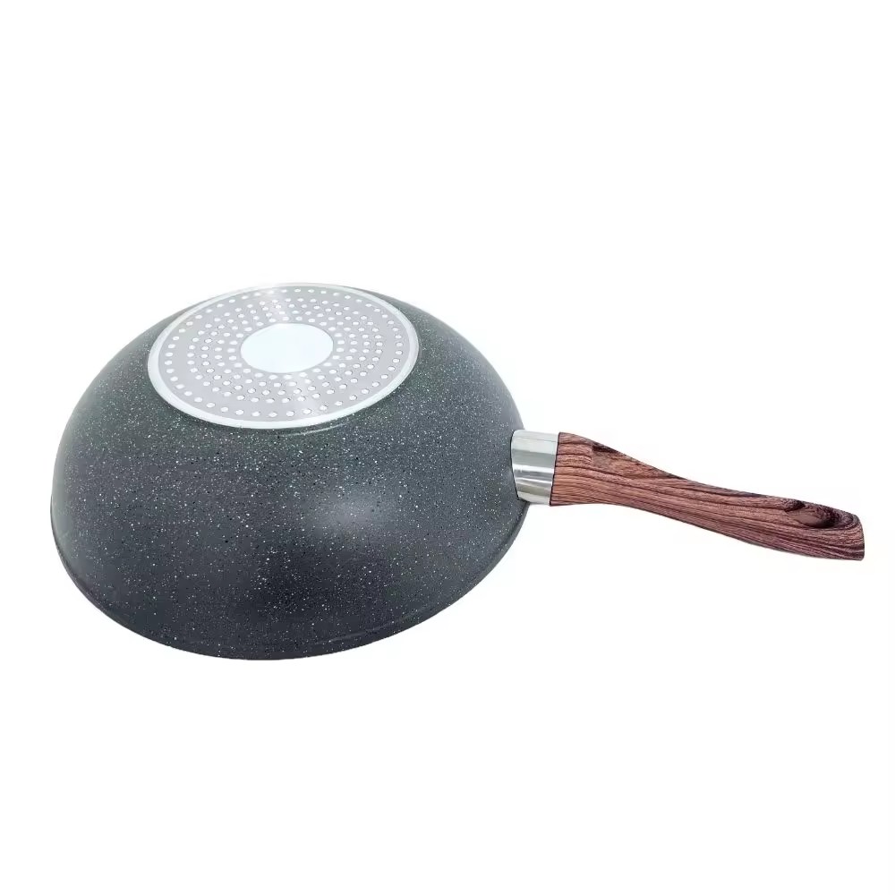 Medical Stone Coquina Non Stick Coating Aluminium Frying Pan Cum Wood Handle Cookware Sets